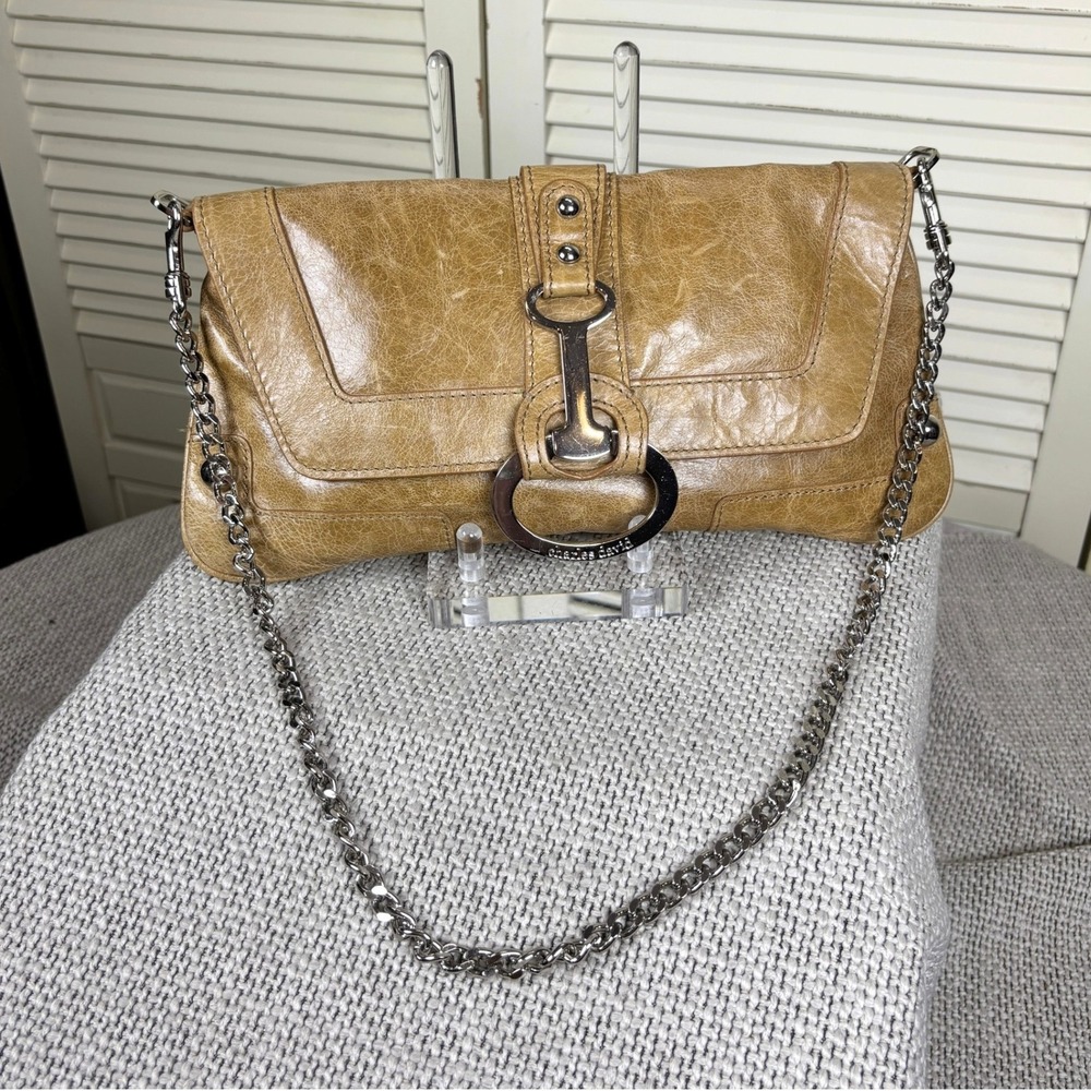 Luxury Y2K Charles David Tan Distressed Leather Shoulder Bag Silver Chain Purse